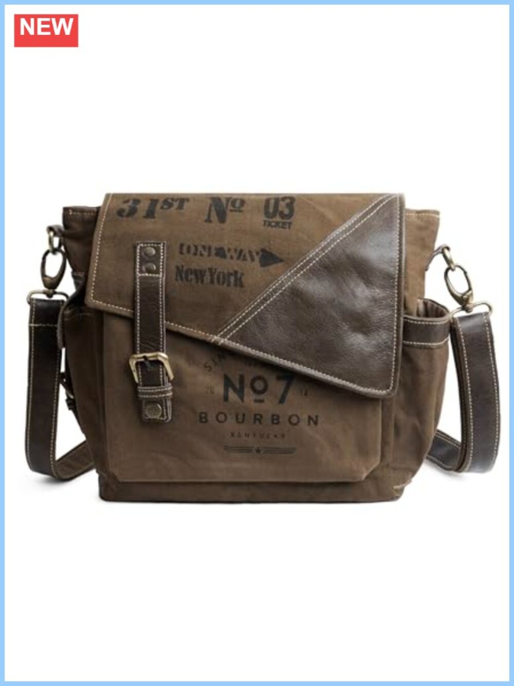 Upcycled Vintage Messenger Canvas & Leather Shoulder Bag Multi Pocket